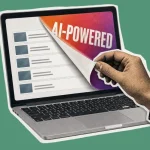 Hand peeling an AI-powered sticker off a laptop screen to reveal a plain LMS course list underneath
