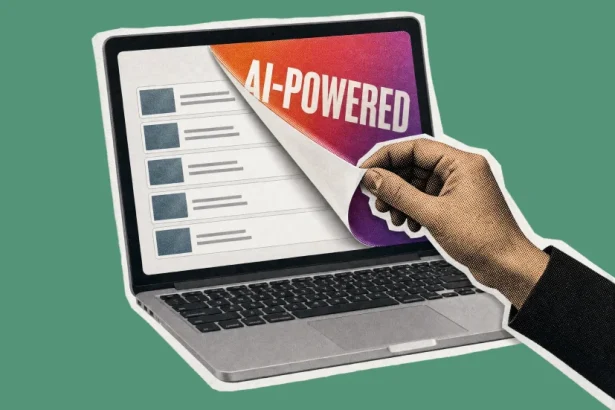 Hand peeling an AI-powered sticker off a laptop screen to reveal a plain LMS course list underneath