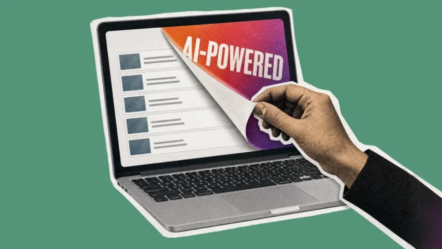 Hand peeling an AI-powered sticker off a laptop screen to reveal a plain LMS course list underneath