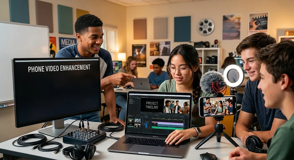 Students Editing a Phone-shot Project Video on a Laptop, with a Phone on a Tripod and a Ring Light Students editing a phone-shot project video on a laptop with a phone on a tripod and a ring light