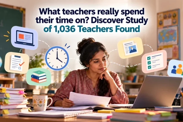 Teacher sits at a desk with a laptop and papers surrounded by floating icons about teachers time use