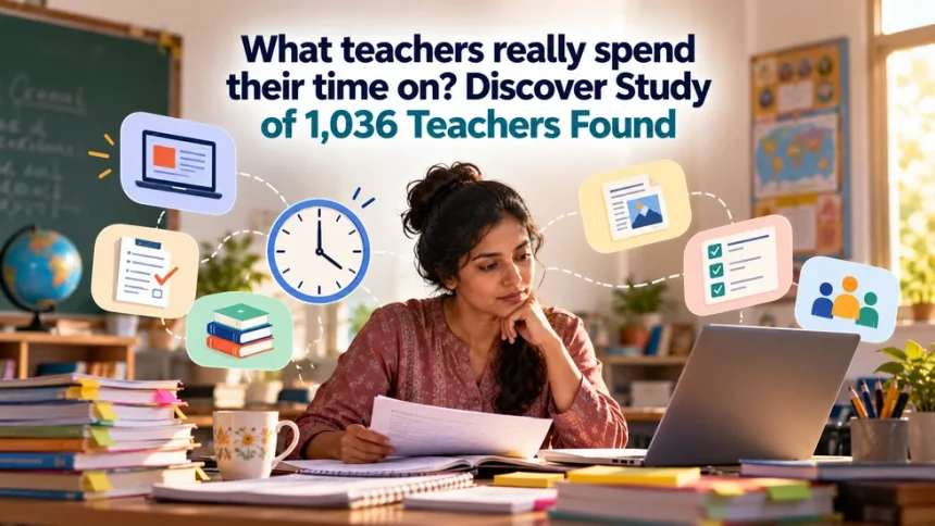 Teacher sits at a desk with a laptop and papers surrounded by floating icons about teachers time use