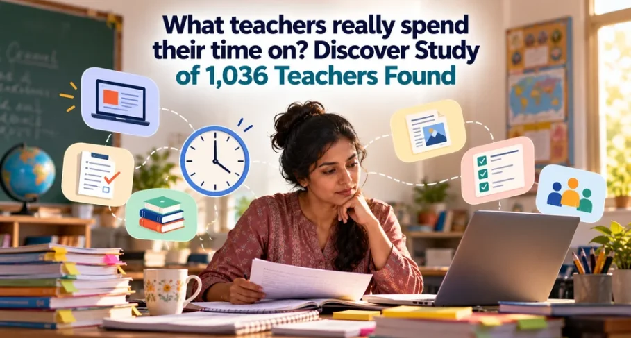 Teacher sits at a desk with a laptop and papers surrounded by floating icons about teachers time use